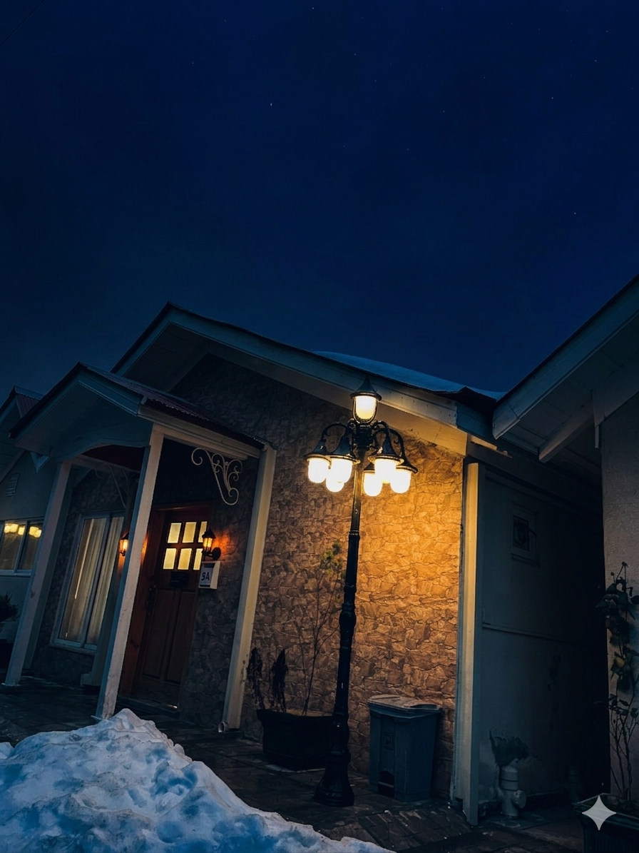 spacious luxury cottage with stone fireplace, floor-to-ceiling windows overlooking valley, elegant interior design, warm ambient lighting