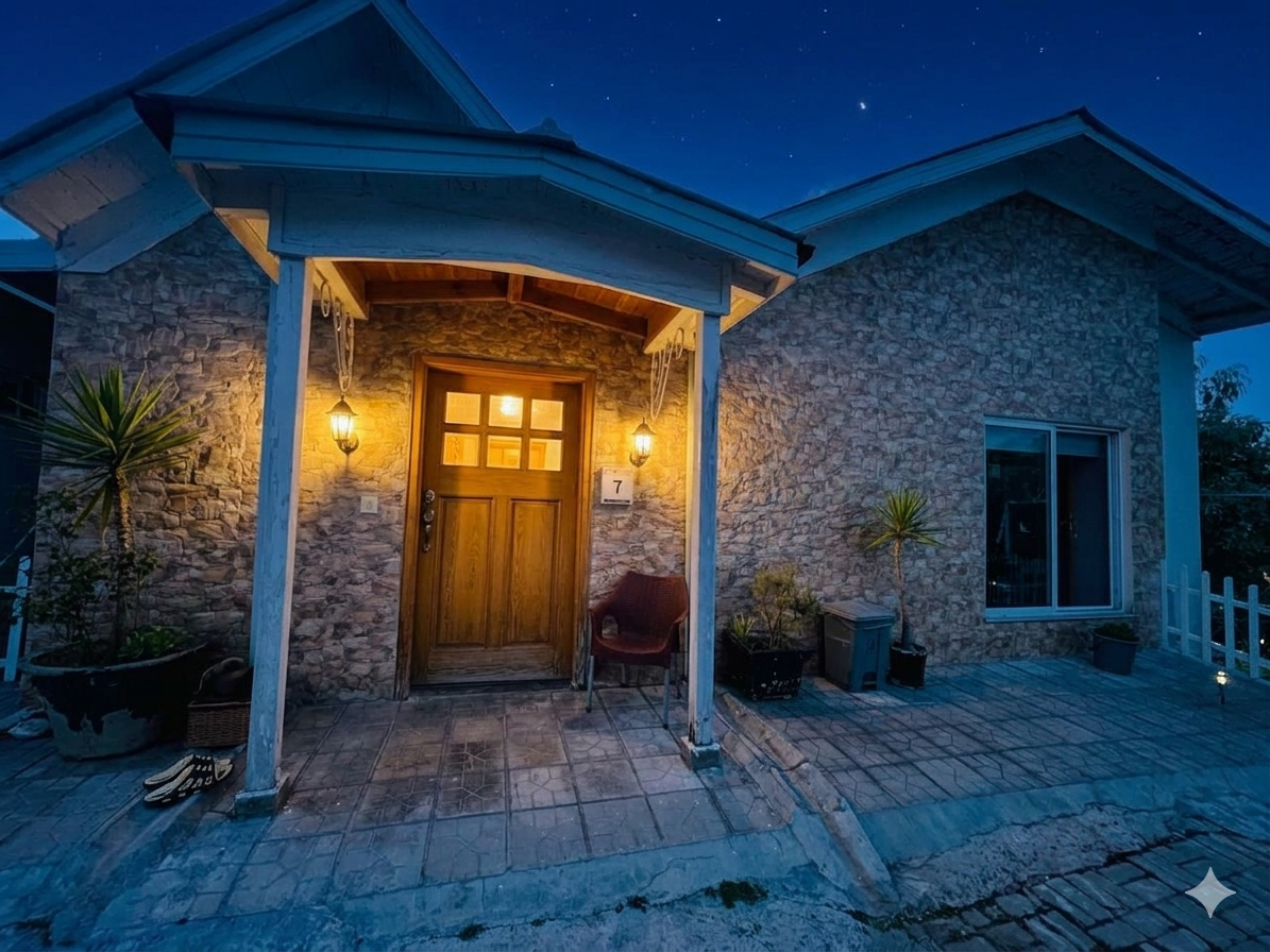 luxury mountain cottage with wraparound balcony, modern architecture, surrounded by pine forest, morning mist, Murree hills setting